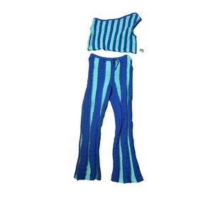 Free-est Lounge Set Womens XS Blue Striped Crochet Sweater Pants One Shoulder